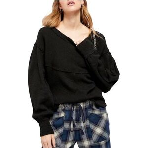 Free People Thermal Sweater Size XS BLACK Boat Neck Long Sleeve Pullover